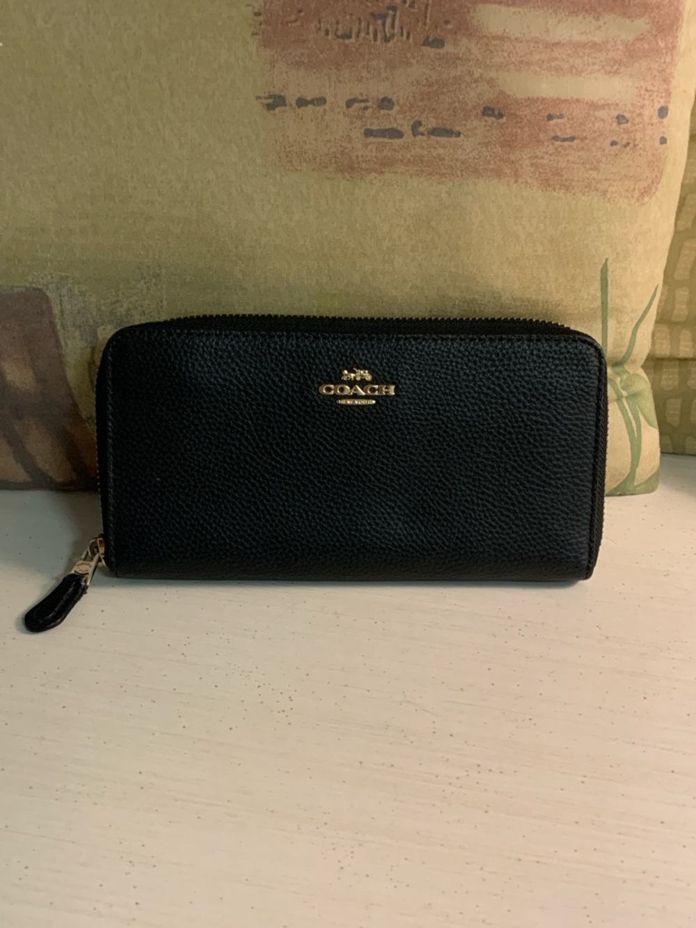 COACH Long Zip-Around Black Pebble Leather Wallet with Gold Hardware AUTHENTIC